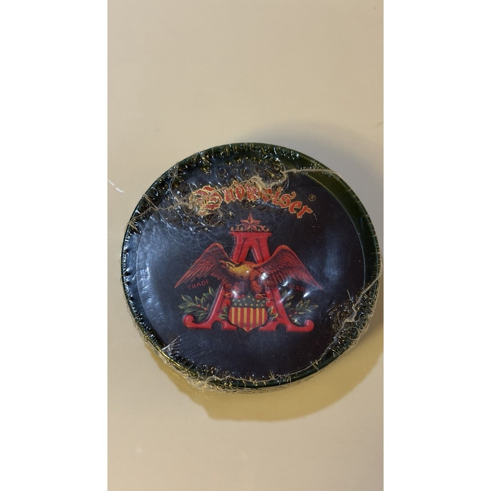 VINTAGE BUDWEISER BLACK METAL COASTERS SET OF 6 [SEALED] RETRO BARWARE MAN CAVE